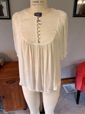 Anthropologie Ivory Pleated Button-Yoke Blouse